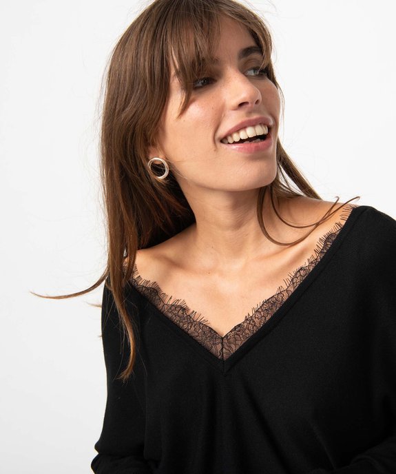 Pull femme en maille fine avec double col V bordé de dentelle vue2 - GEMO 4G FEMME - GEMO