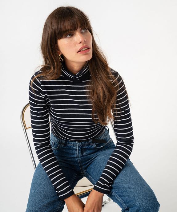 Tee-shirt manches longues à col roulé en maille côtelée rayée femme vue1 - GEMO 4G FEMME - GEMO