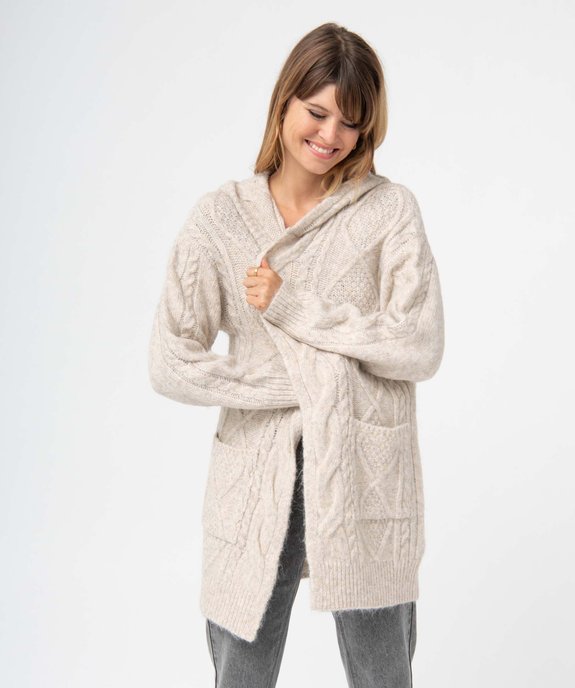 Gilet femme à capuche en maille torsadée vue1 - GEMO 4G FEMME - GEMO