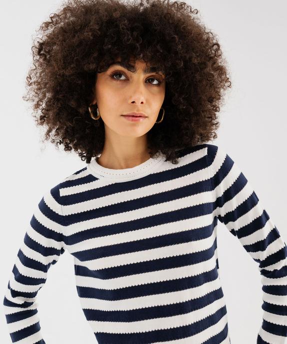 Pull rayé en coton en maille ajourée femme - LuluCastagnette vue2 - LULU CASTAGNETTE GEMO FOR GOOD - GEMO