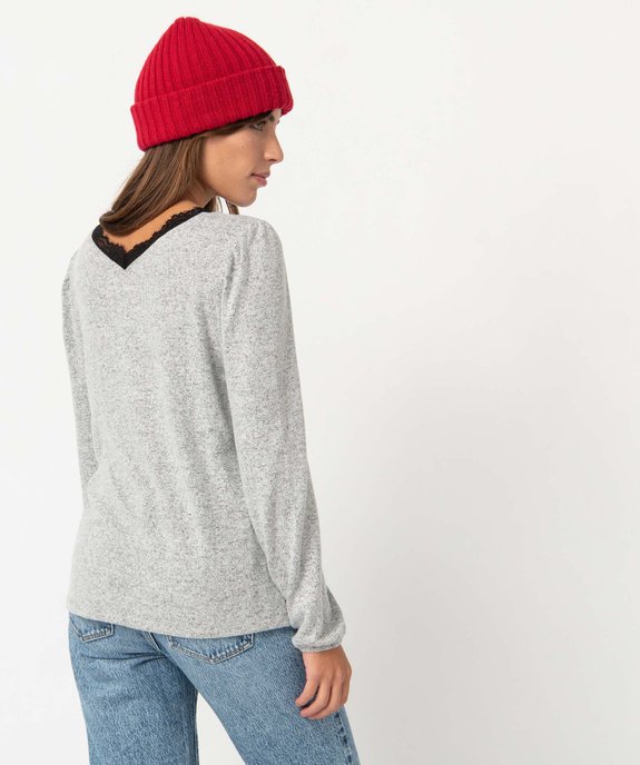 Pull femme en maille douce à col V en dentelle vue3 - GEMO(FEMME PAP) - GEMO