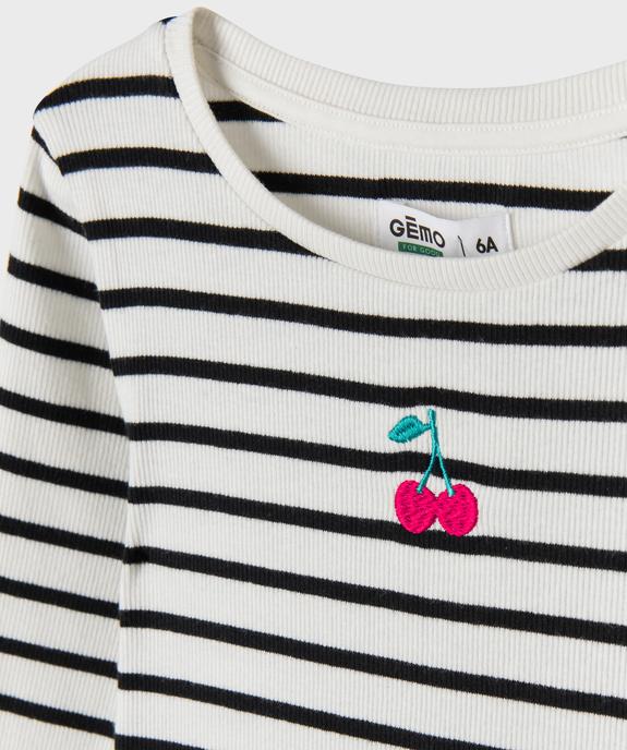 Tee-shirt manches longues à rayures et finition roulottée fille vue2 - GEMO 4G FILLE - GEMO