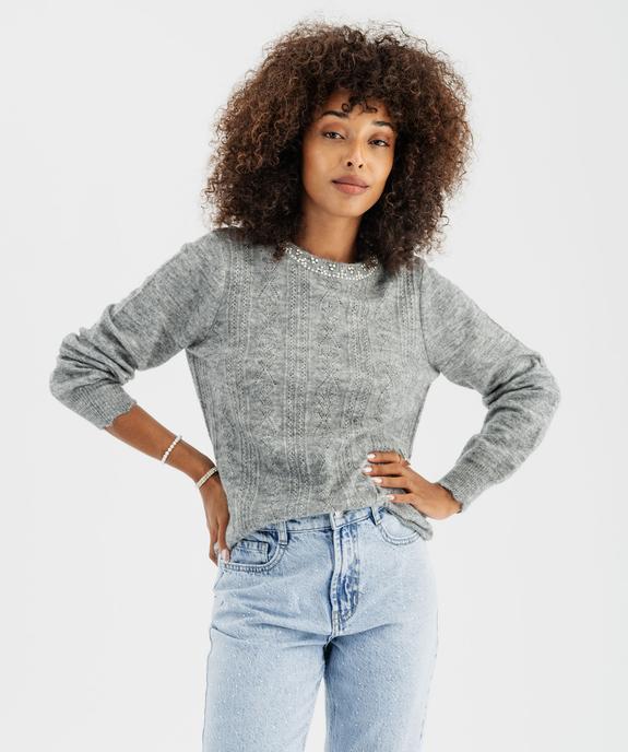 Pull en maille ajourée avec strass sur le col femme vue1 - GEMO(FEMME PAP) - GEMO