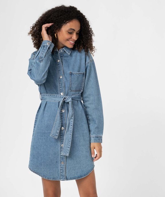Robe femme en jean boutonnée sur l’avant avec ceinture vue1 - GEMO(FEMME PAP) - GEMO