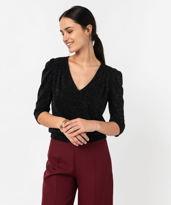 Tee-shirt à col V pailleté avec manches 3/4 femme vue1 - GEMO(FEMME PAP) - GEMO