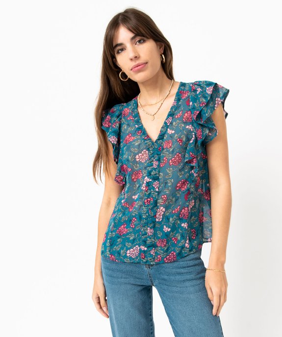 Blouse en voile fleuri sans manches à col V et volants femme vue1 - GEMO(FEMME PAP) - GEMO