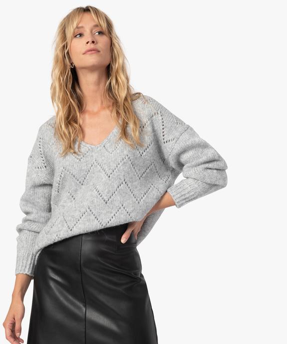 Pull femme en maille fantaisie avec grand col V vue2 - GEMO 4G FEMME - GEMO