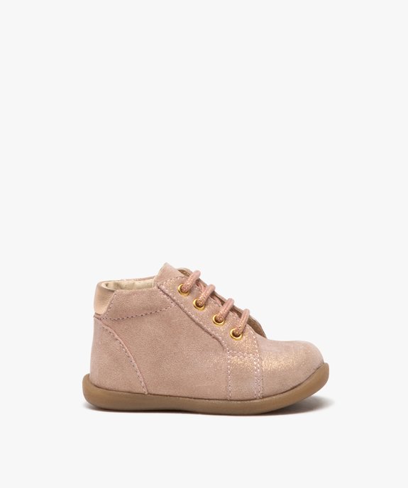 Chaussures premiers pas bébé fille en cuir suédé pailleté et à lacets  vue1 - GEMO(BEBE DEBT) - GEMO