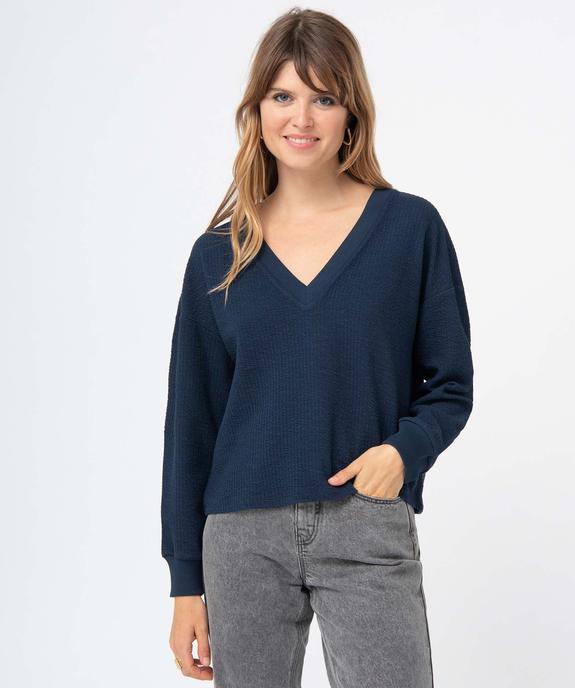 Sweat femme en maille gaufrée avec col en V vue2 - GEMO(FEMME PAP) - GEMO