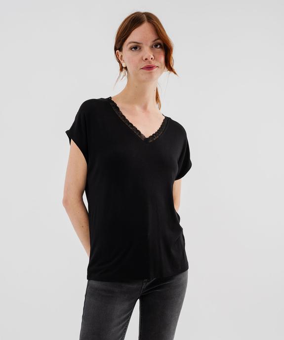 Tee-shirt manches ultra courtes avec col V en dentelle femme vue1 - GEMO 4G FEMME - GEMO