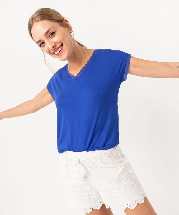 Tee-shirt à manches courtes et col V en dentelle coupe loose femme vue1 - GEMO 4G FEMME - GEMO
