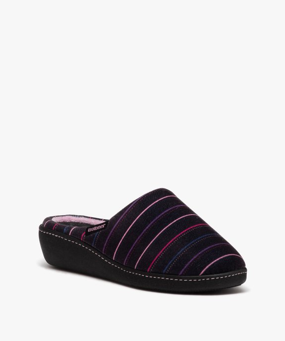 Chaussons femme mules confort à semelle compensée en velours rayé - Isotoner  vue2 - ISOTONER - GEMO