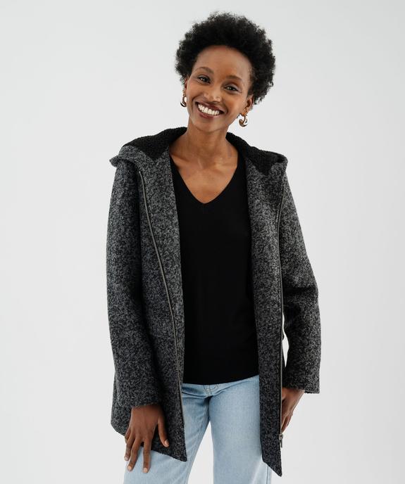 Manteau droit zippé en laine à capuche fourrée femme vue1 - GEMO(FEMME PAP) - GEMO