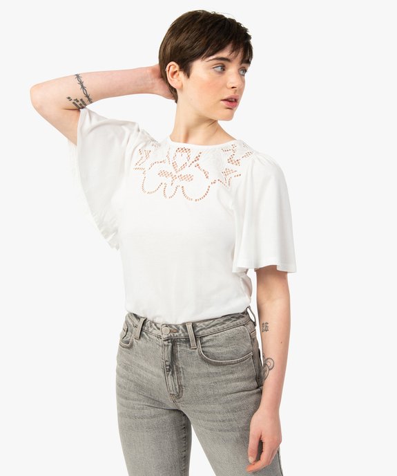 Tee-shirt femme à manches volants avec col brodé vue1 - GEMO 4G FEMME - GEMO