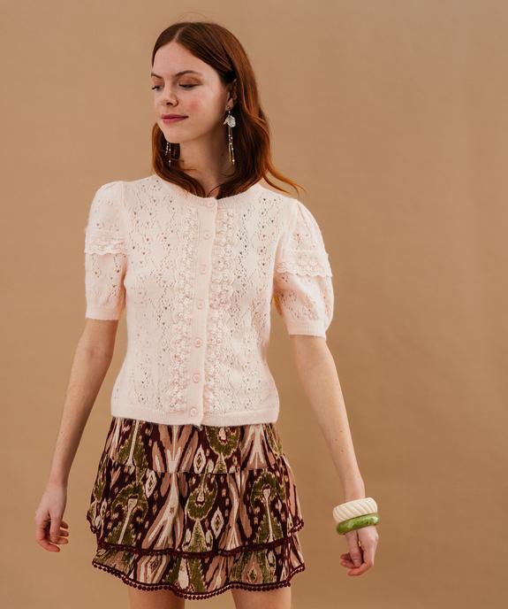 Gilet manches courtes en maille ajourée et dentelle femme vue2 - GEMO(FEMME PAP) - GEMO