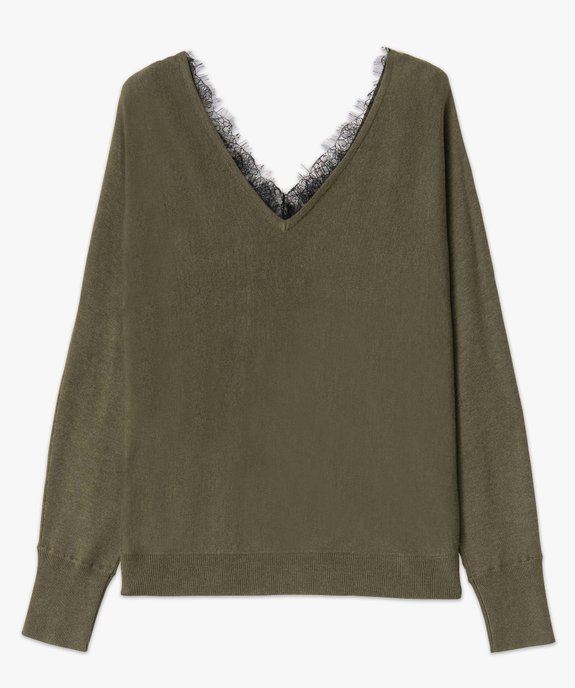 Pull femme en maille fine avec double col V bordé de dentelle vue4 - GEMO 4G FEMME - GEMO