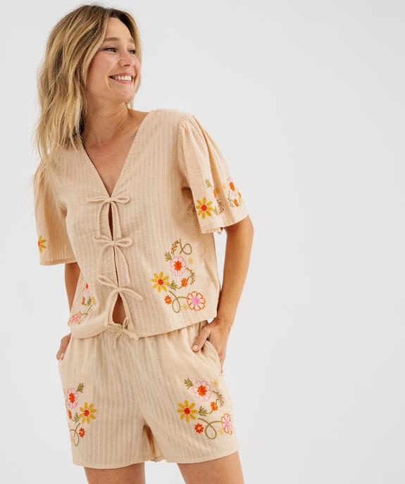 Haut de pyjama en coton avec motifs brodés femme vue1 - GEMO(HOMWR FEM) - GEMO