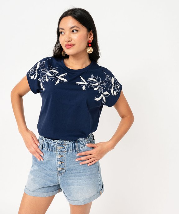 Tee-shirt manches courtes à broderies fleuries femme vue1 - GEMO(FEMME PAP) - GEMO