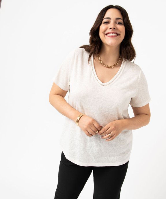 Tee-shirt manches courtes pailleté à col V femme grande taille vue1 - GEMO (G TAILLE) - GEMO