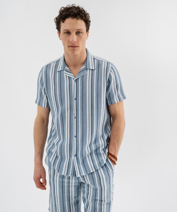 Chemise manches courtes col cubain en textile de coton tissé rayé homme vue1 - GEMO 4G HOMME - GEMO