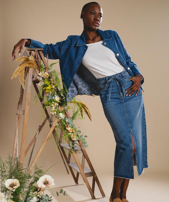 Jupe en jean longue et fendue avec ceinture à nouer femme vue1 - GEMO 4G FEMME - GEMO