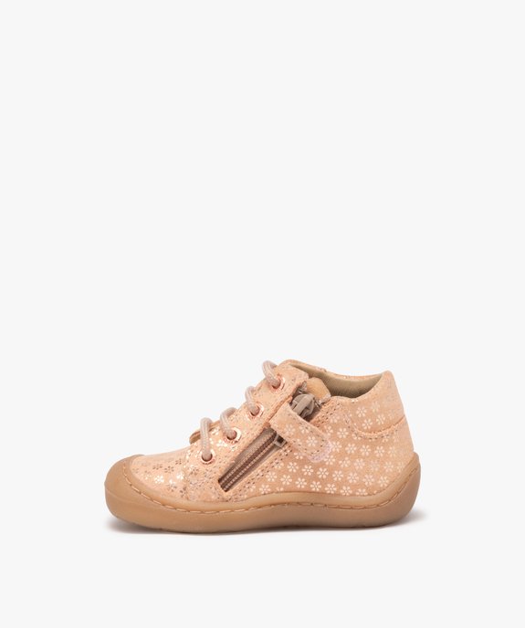 Chaussures premiers pas fille en cuir à motif fleuri avec zip et lacets - NA! vue4 - NA! - GEMO