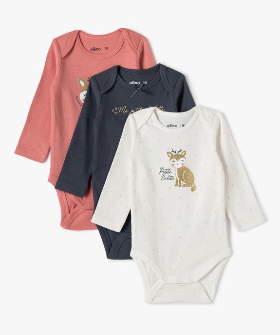 Body bébé fille manches longues avec motif biche (lot de 3) vue1 - GEMO 4G BEBE - GEMO