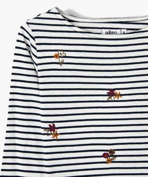 Tee-shirt fille rayé à manches longues avec broderies fleuries vue2 - GEMO (ENFANT) - GEMO