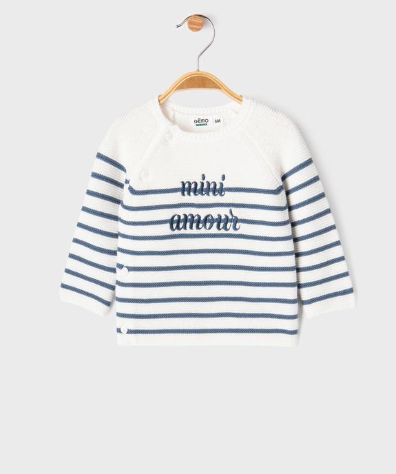 Pull brassière rayé avec message brodé bébé vue1 - GEMO(BB COUCHE) - GEMO