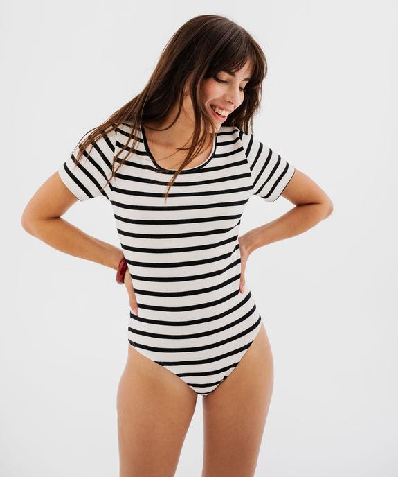 Body à manches courtes rayé en maille côtelée femme vue2 - GEMO 4G FEMME - GEMO