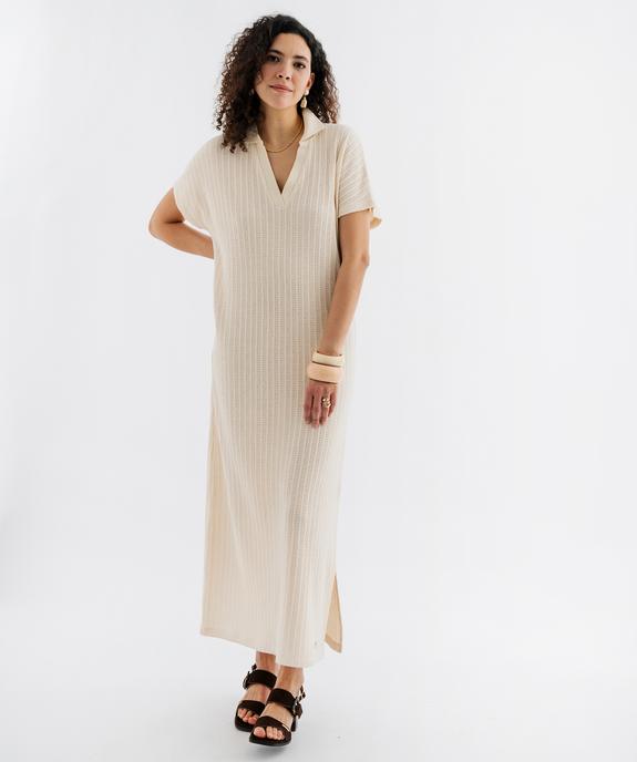 Robe longue col polo en maille fantaisie ajourée femme - LuluCastagnette vue1 - LULUCASTAGNETTE - GEMO