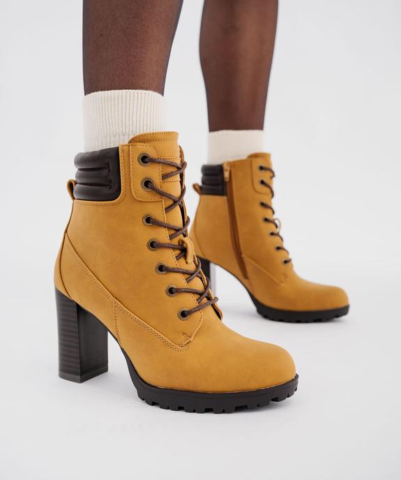 Bottines femme à talon haut avec col matelassé à zip et à lacets ronds cirés vue1 - GEMO(URBAIN) - GEMO