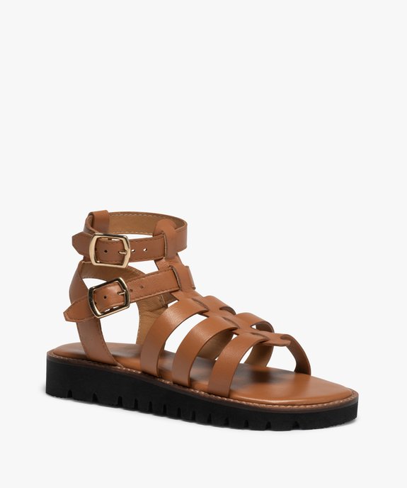 Sandales fille spartiates en cuir uni à semelle crantée vue2 - GEMO (ENFANT) - GEMO