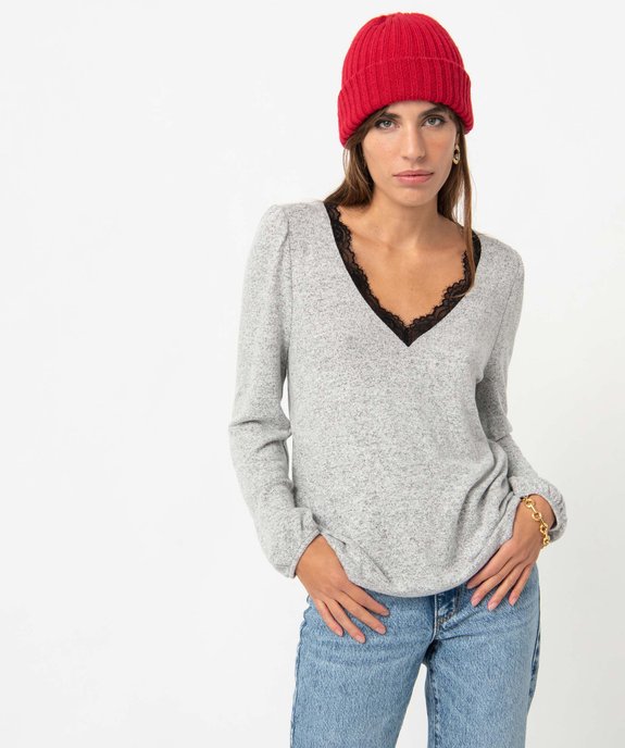 Pull femme en maille douce à col V en dentelle vue2 - GEMO(FEMME PAP) - GEMO