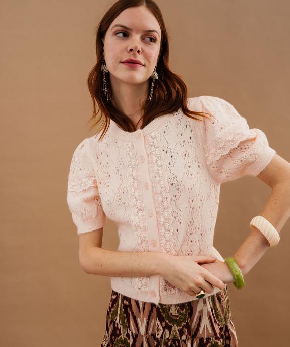 Gilet manches courtes en maille ajourée et dentelle femme vue1 - GEMO(FEMME PAP) - GEMO