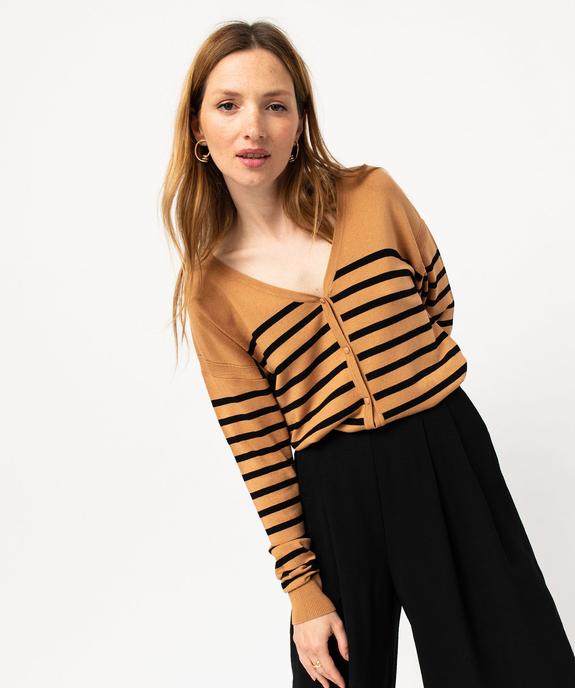 Gilet rayé à col V en maille fine et boutons fantaisie femme vue1 - GEMO 4G FEMME - GEMO