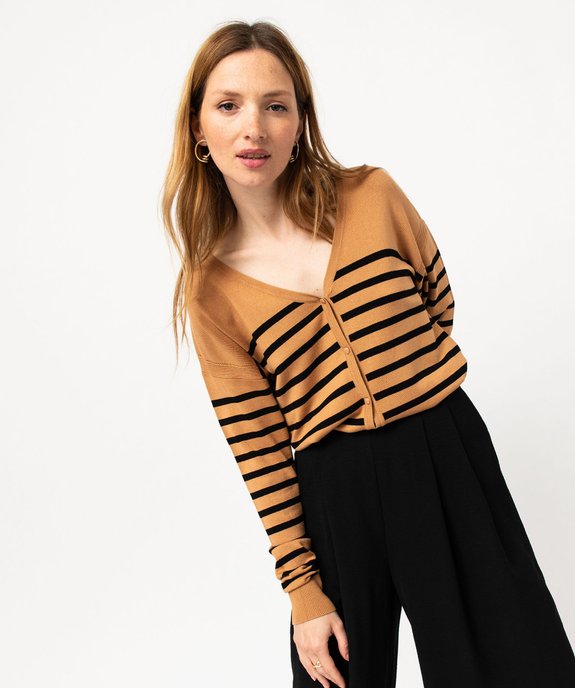 Gilet rayé à col V en maille fine et boutons fantaisie femme vue1 - GEMO 4G FEMME - GEMO