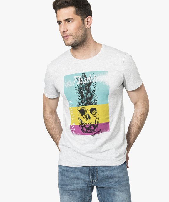 Tee-shirt uni à manches courtes et imprimé coloré vue1 - GEMO (HOMME) - GEMO