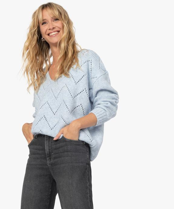 Pull femme en maille fantaisie avec grand col V vue2 - GEMO 4G FEMME - GEMO