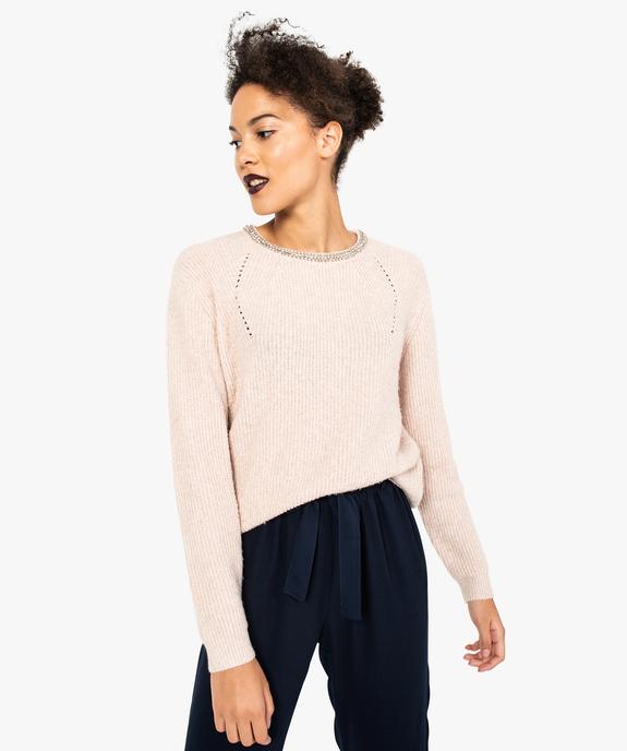 Pull en maille avec perles et strass brodés sur le col pour femme vue1 - GEMO(FEMME PAP) - GEMO