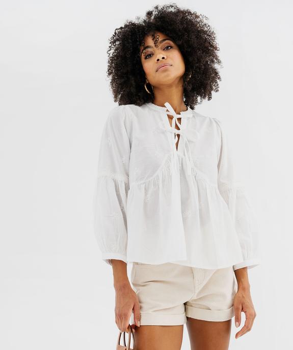 Blouse manches longues bouffantes en coton brodé femme vue1 - GEMO(FEMME PAP) - GEMO