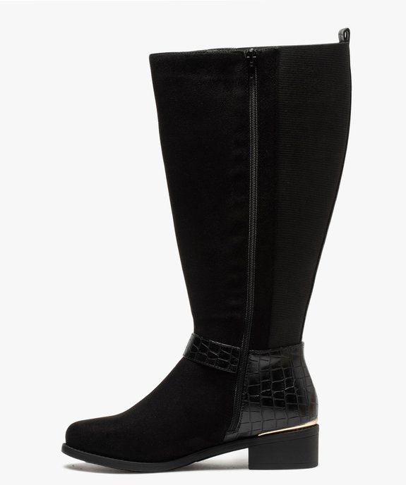 Bottes femme à talon plat en suédine et bride imitation croco Coupe spéciale pied large vue3 - GEMO (CASUAL) - GEMO