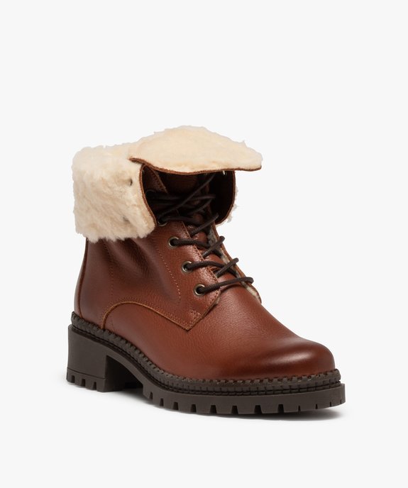Boots fourrées femme dessus cuir uni à lacets - Tanéo vue3 - TANEO - GEMO