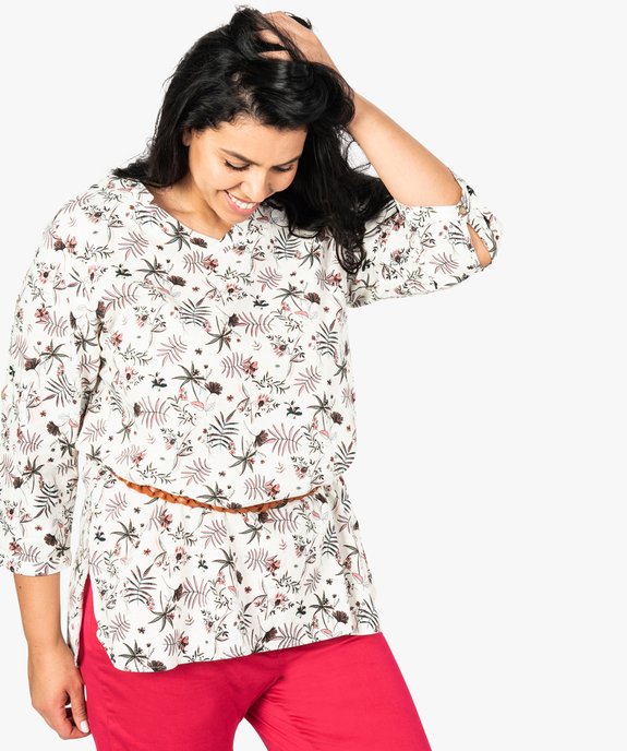 Tunique femme en lin à motifs fleuris avec col V et ceinture vue1 - GEMO (G TAILLE) - GEMO