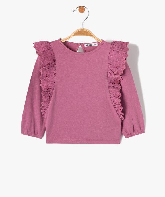 Tee-shirt bébé fille à manches longues et volants en dentelle anglaise vue1 - GEMO(BEBE DEBT) - GEMO