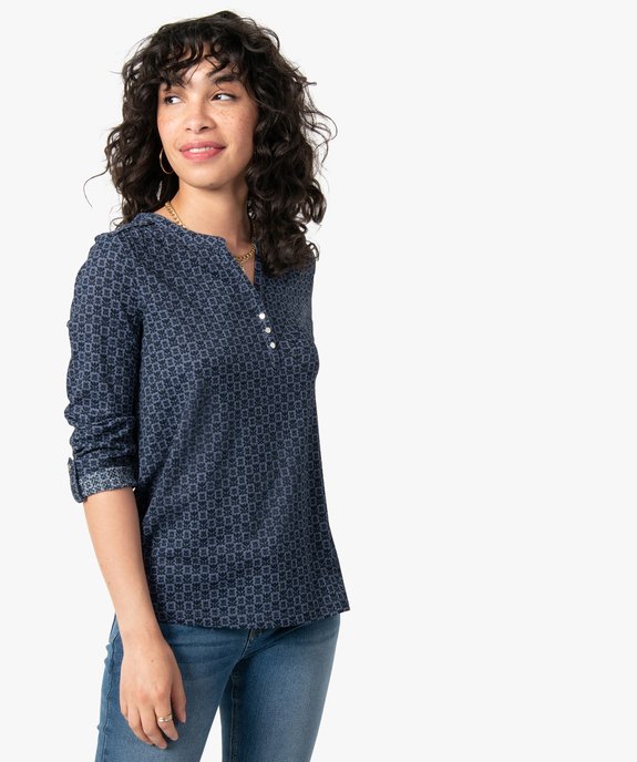 Tee-shirt femme imprimé à manches longues avec col boutonné vue2 - GEMO 4G FEMME - GEMO
