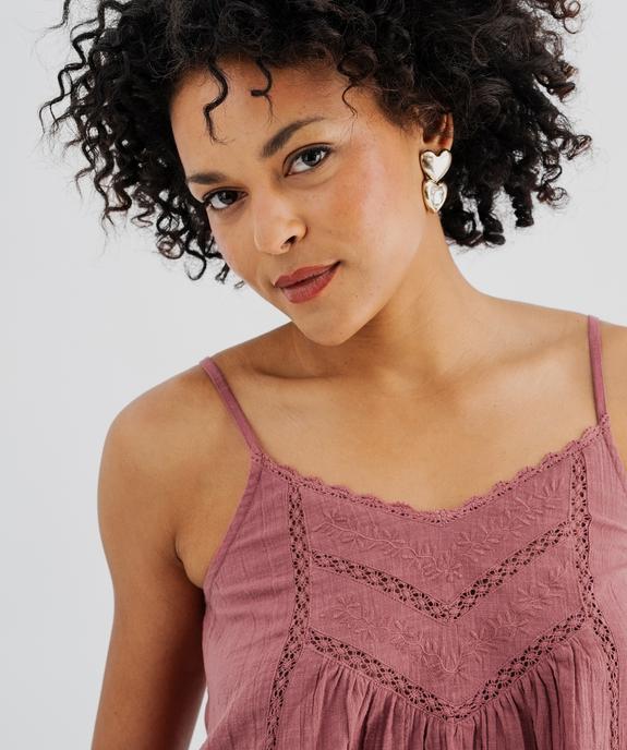 Top à bretelles en coton froissé à broderies et galon de dentelle femme vue2 - GEMO(FEMME PAP) - GEMO