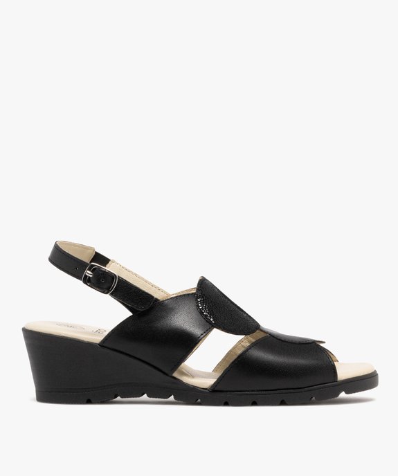 Sandales femme confort à talon compensé en cuir avec semelle crantée et ronds fantaisie vue1 - GEMO 4G FEMME - GEMO