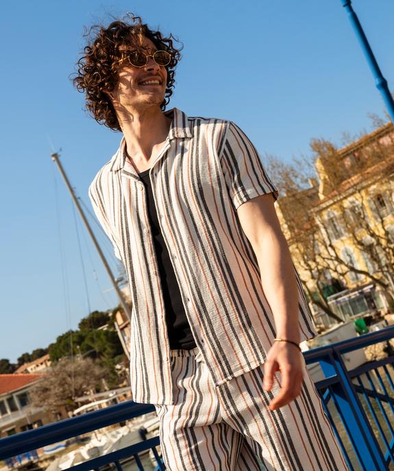 Chemise manches courtes col cubain en textile de coton tissé rayé homme vue1 - GEMO 4G HOMME - GEMO