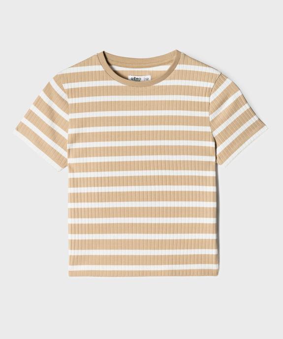 Tee-shirt manches courtes en maille côtelée à rayures fille vue1 - GEMO 4G FILLE - GEMO